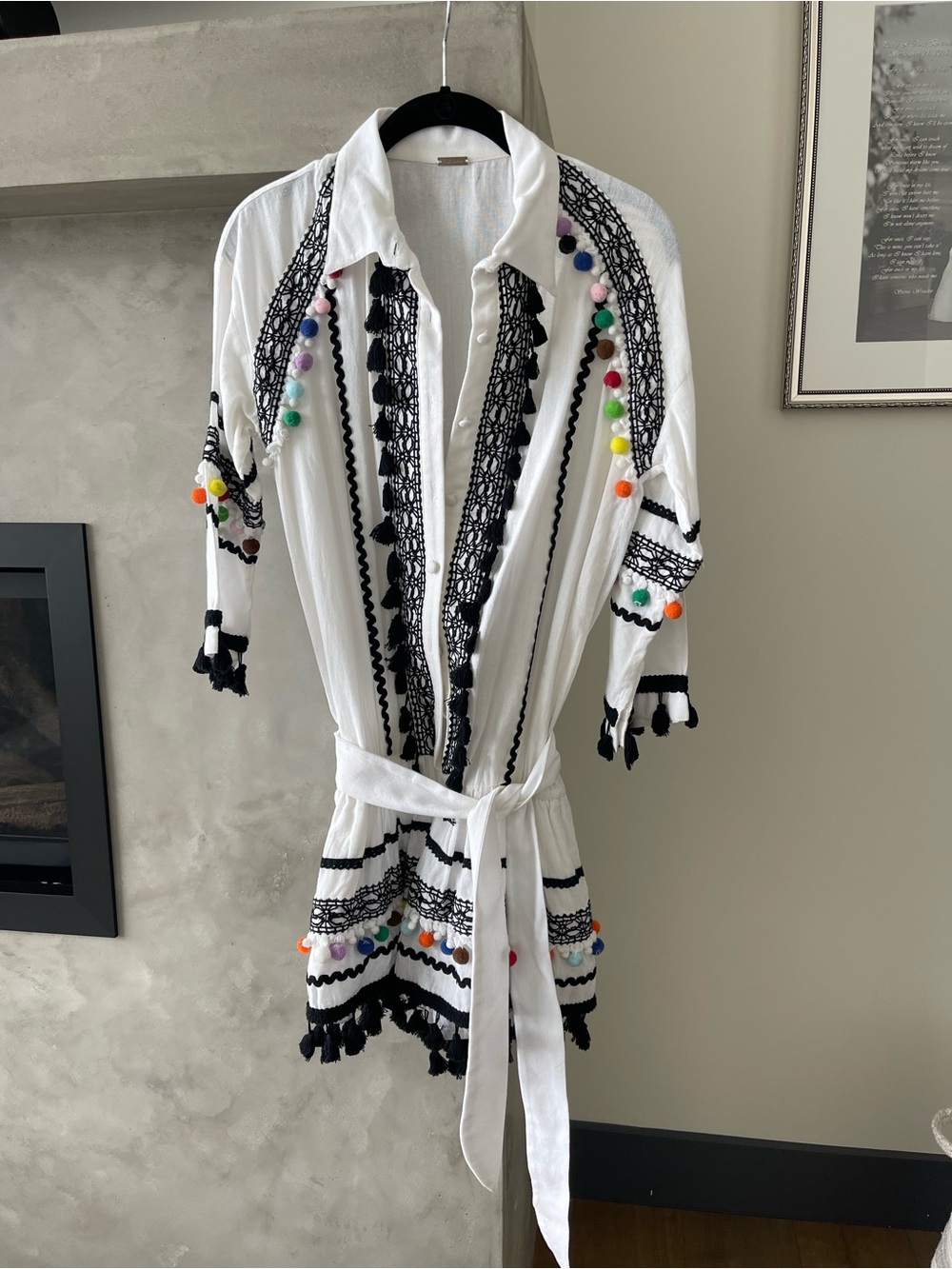 Dodo Bar Or White Mini Dress with Black Lace Trim and Multicolor Pom-Poms